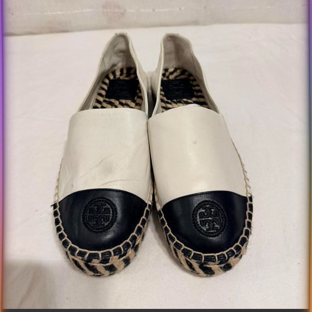 Tory Burch Cream Leather Espadrilles with Black Toe Cap